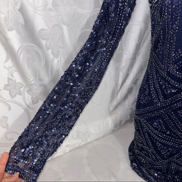 Aidan Mottox Navy Bejewelled Rayon Boatneck Dress - Picture 6 of 10